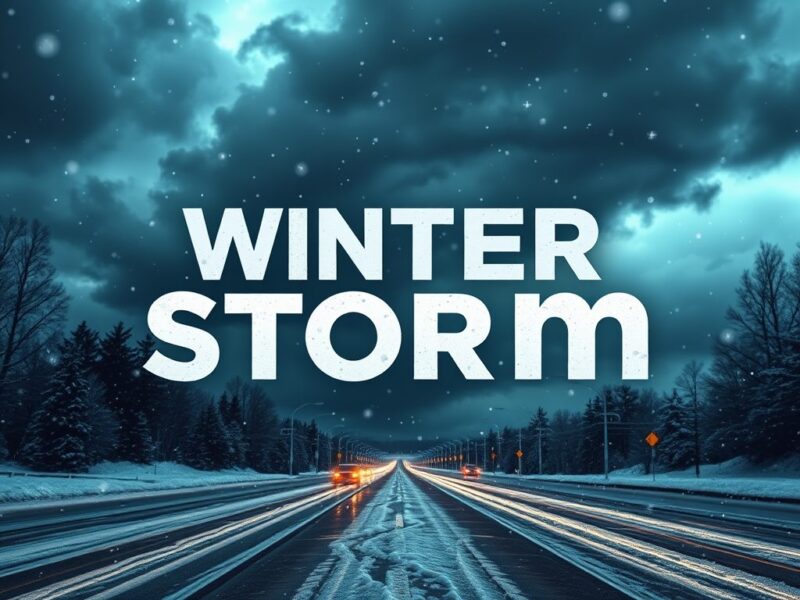 Snowy highway stretching into a dark stormy winter night with large "WINTER STORM" text overhead.
