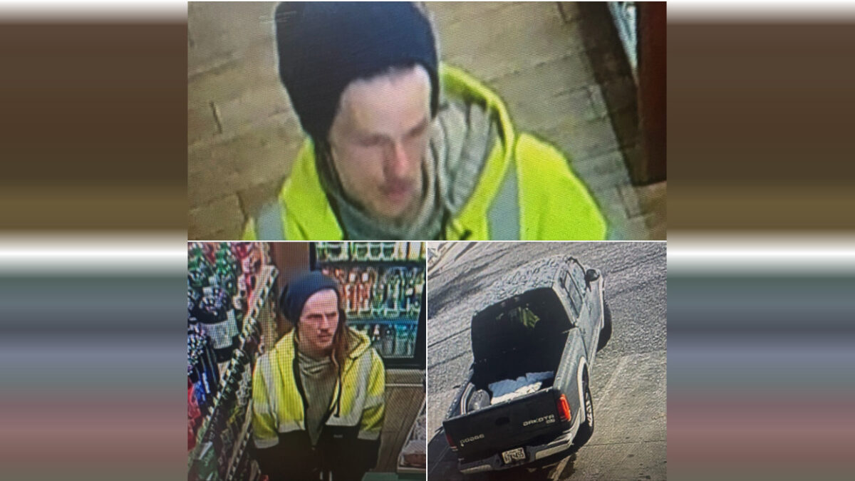 Surveillance-style collage shows a man in a neon yellow jacket and dark beanie near a pickup truck in a store parking lot.