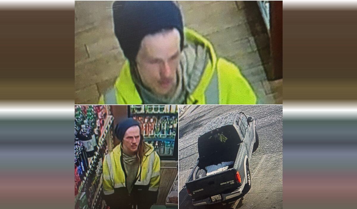 Surveillance-style collage shows a man in a neon yellow jacket and dark beanie near a pickup truck in a store parking lot.