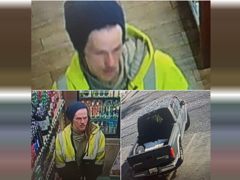 Surveillance-style collage shows a man in a neon yellow jacket and dark beanie near a pickup truck in a store parking lot.