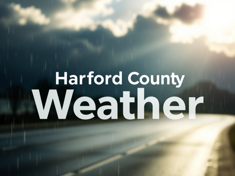 Harford County Weather text over a rainy, sunlit roadway background