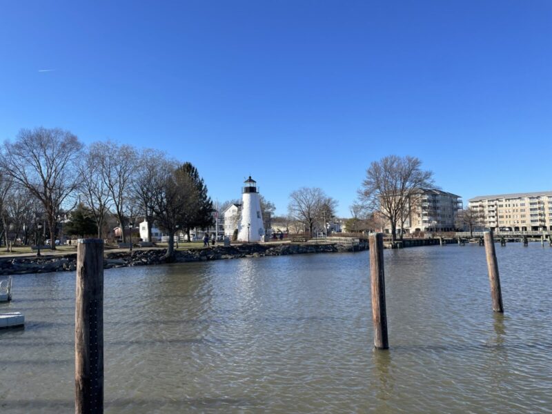 Lighthouse across a calm waterfront with wooden posts, trees, and buildings under a clear blue sky.