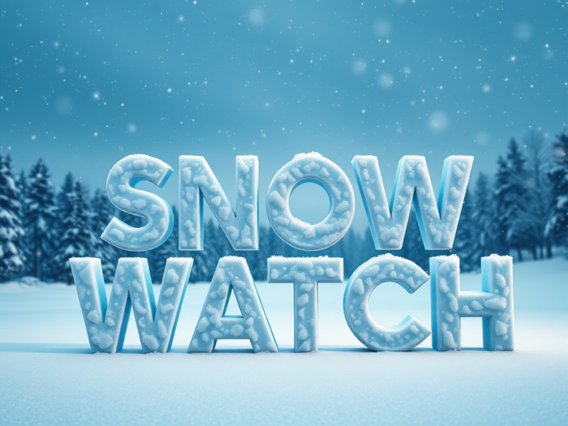 Ice-textured 3D letters spelling SNOW WATCH in a snowy winter landscape.