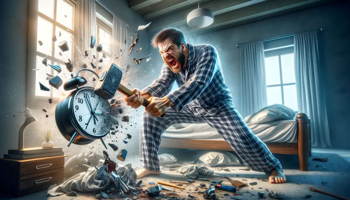 Man in plaid pajamas smashes an alarm clock with a hammer in a messy bedroom.