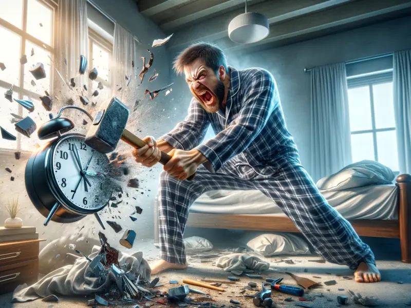 Man in plaid pajamas smashes an alarm clock with a hammer in a messy bedroom.