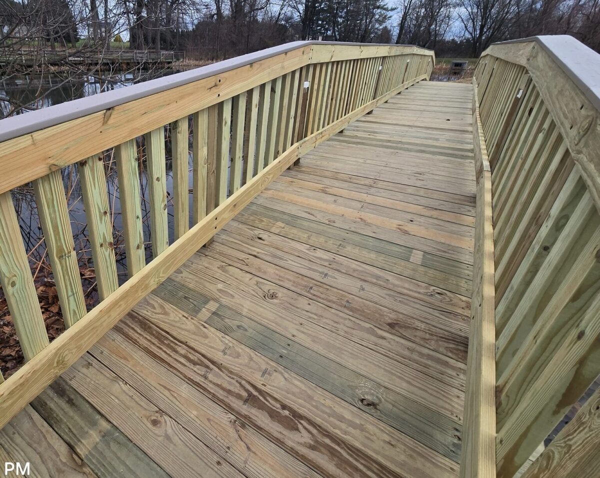 Wooden pedestrian bridge with railings over a wooded area on an overcast day.