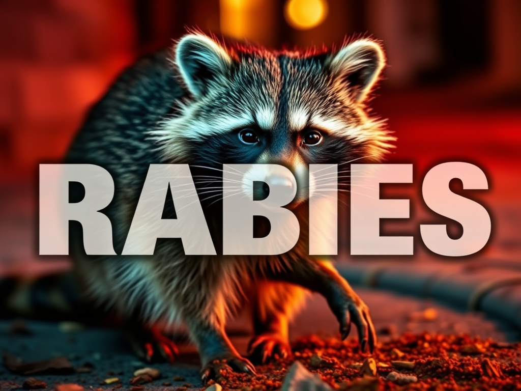 Raccoon standing on a dark surface with the word "RABIES" overlaid across the center.