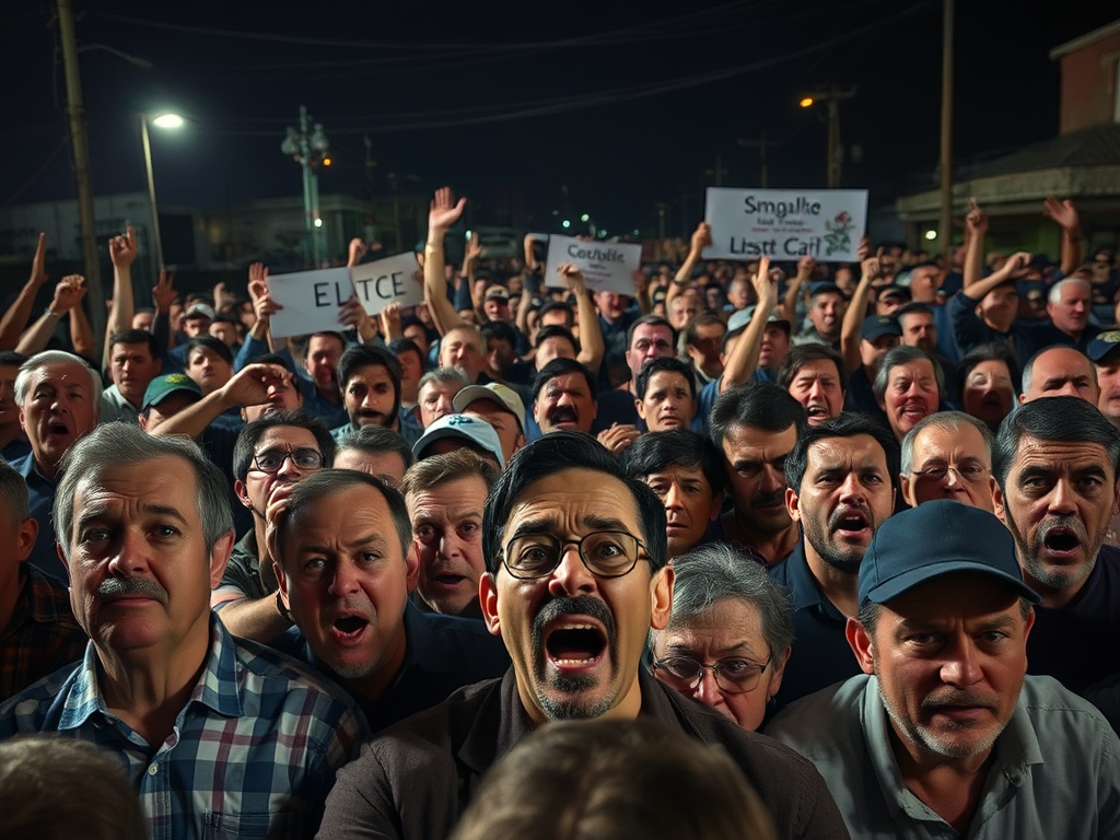 Crowded nighttime protest with raised hands, chanting faces, and handwritten signs.