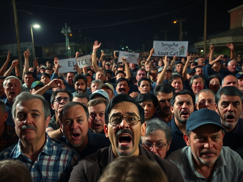 Crowded nighttime protest with raised hands, chanting faces, and handwritten signs.