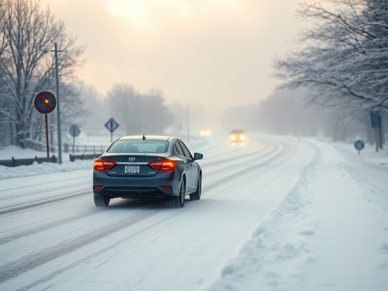 Sedan drives along a snowy road in foggy winter conditions with headlights in the distance.