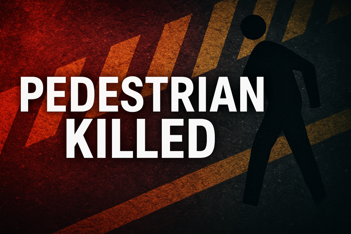 Bold "PEDESTRIAN KILLED" text over a dark graphic with a silhouetted person and warning stripes.