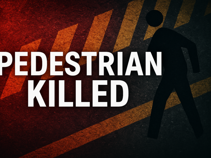 Bold "PEDESTRIAN KILLED" text over a dark graphic with a silhouetted person and warning stripes.
