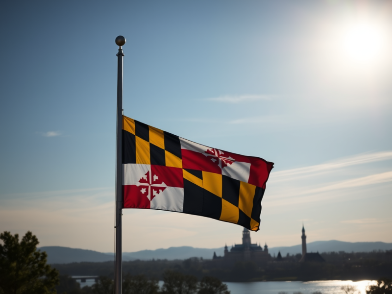 Maryland state flag waving on a pole with a distant skyline and bright sun over water.