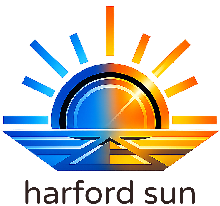 Colorful stylized sun rising over a geometric horizon with the words "harford sun" below.