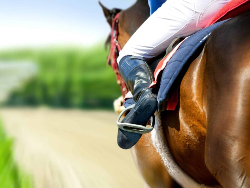 Rider in white pants and black boots on a brown horse galloping along a dirt track.