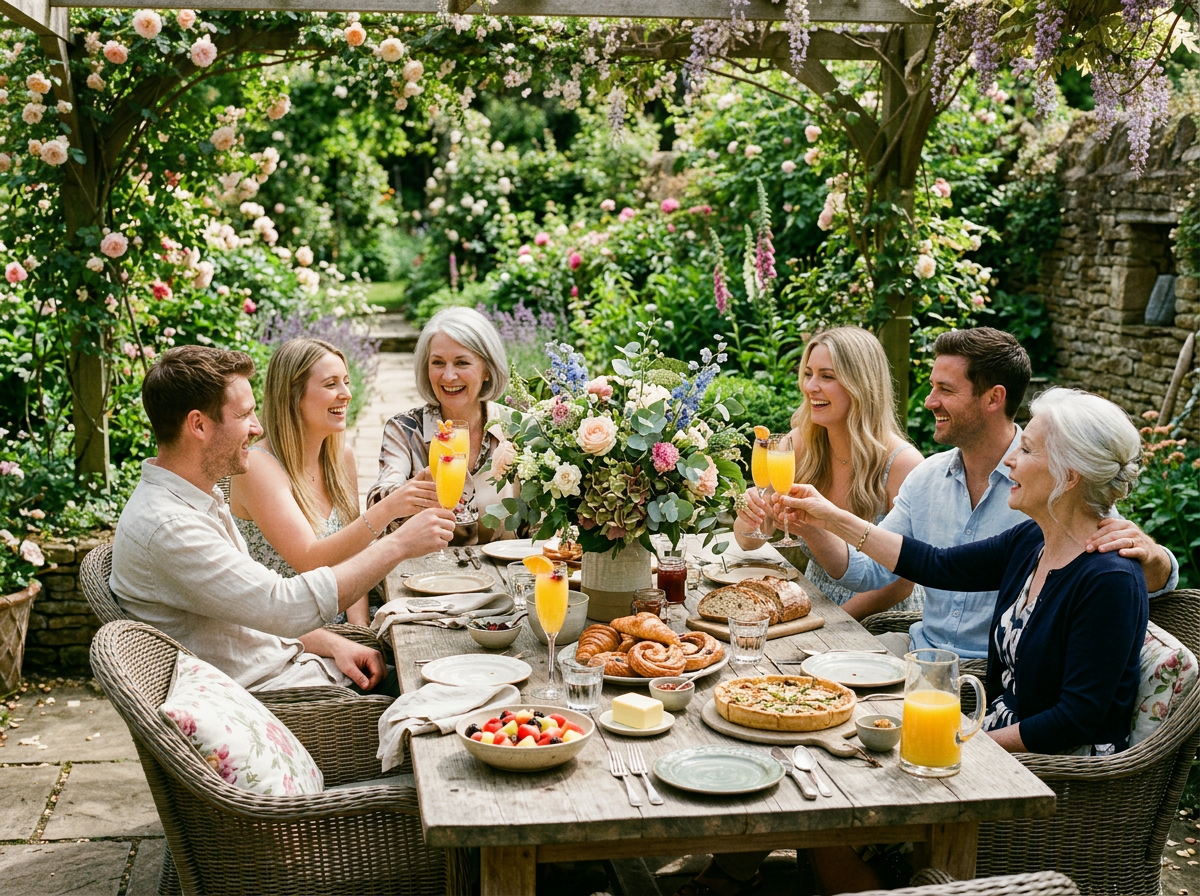 Four adults sitting around a garden table having brunch with drinks and pastries