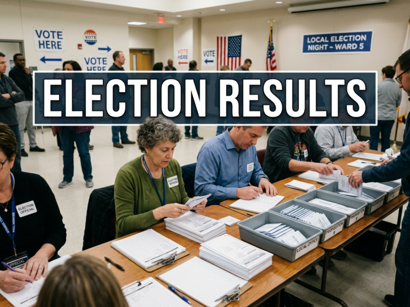 Election officials sitting at a table sorting and counting ballots