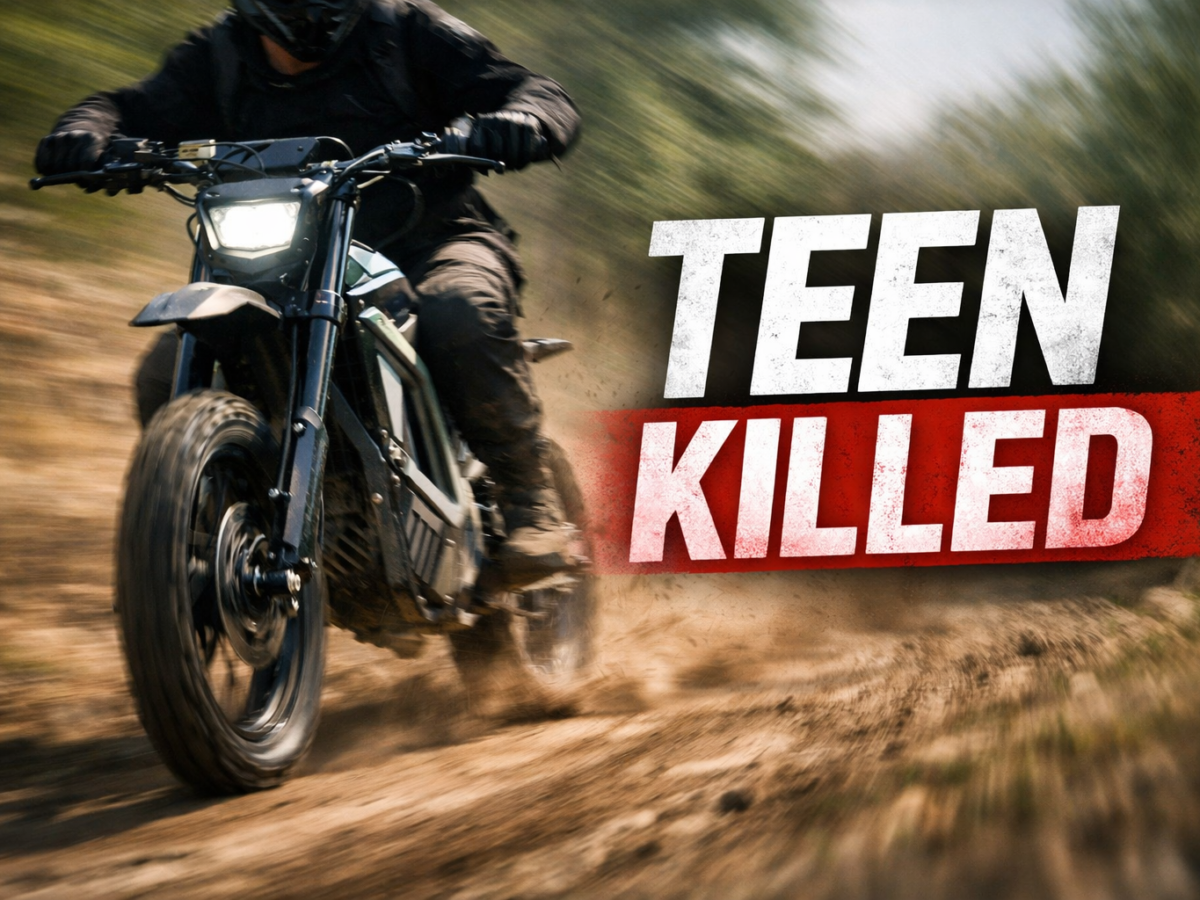 Illustrated electric dirt bike motion blur, Teen Killed text