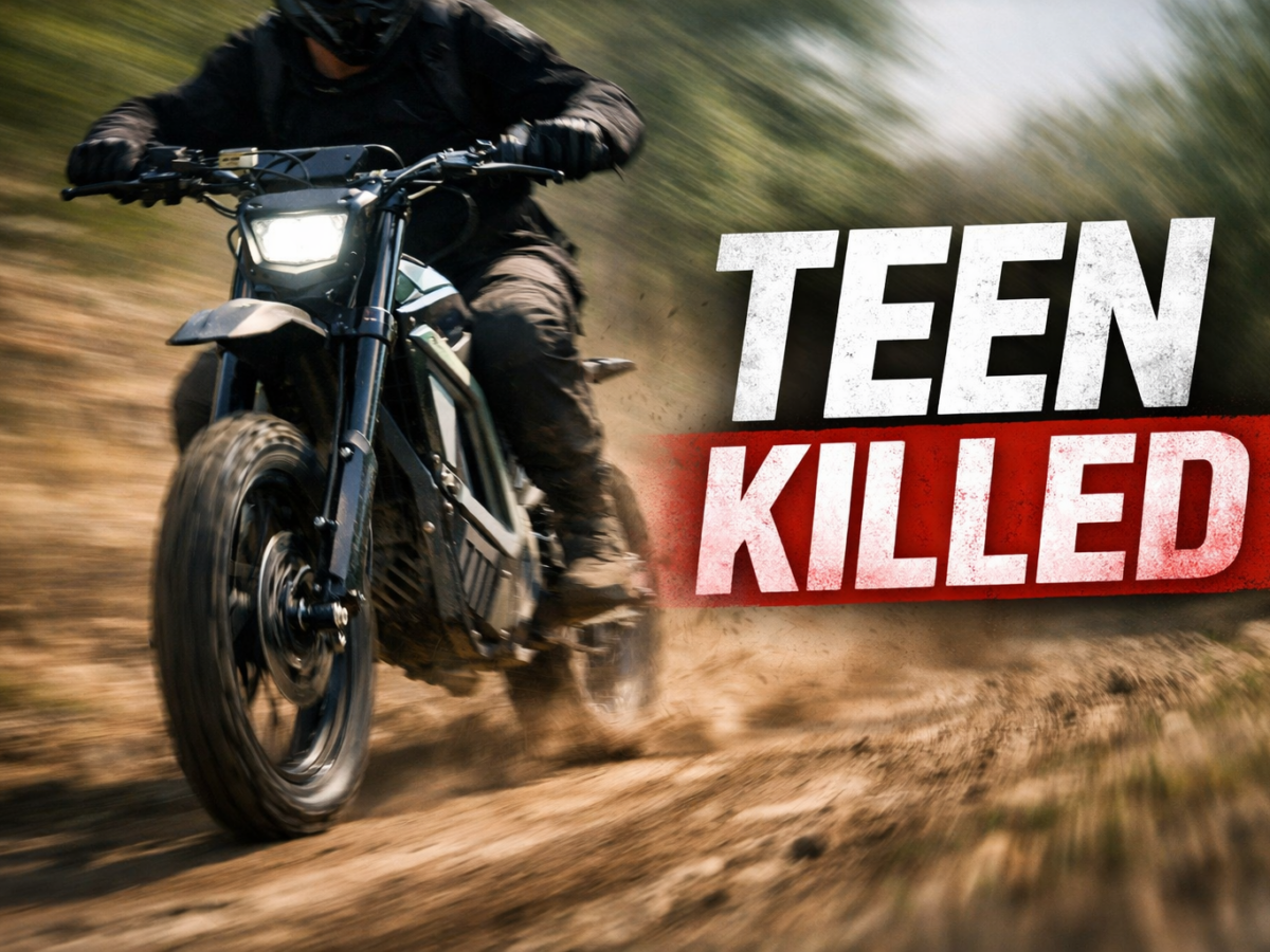 Illustrated electric dirt bike motion blur, Teen Killed text