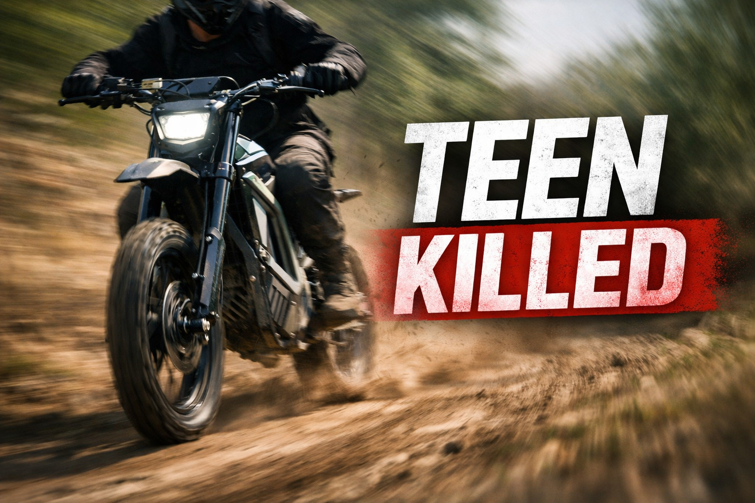 Illustrated electric dirt bike motion blur, Teen Killed text