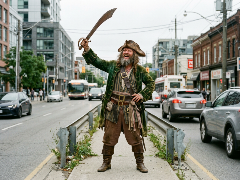 Man in pirate costume holding sword up on city street median