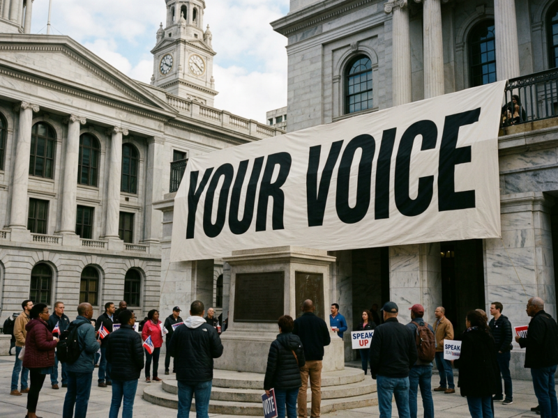 People gathered outside a government building under a large banner reading YOUR VOICE, holding signs that say SPEAK UP and VOTE