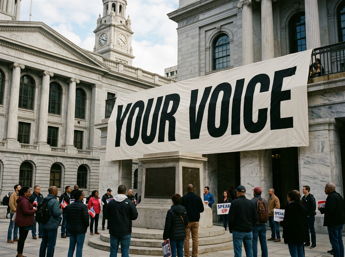 People gathered outside a government building under a large banner reading YOUR VOICE, holding signs that say SPEAK UP and VOTE