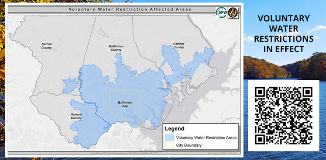 Water restriction map of Maryland counties beside a QR code and notice reading voluntary water restriction in effect.