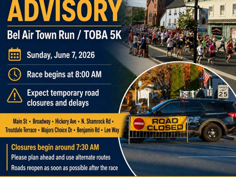 Traffic advisory for the Bel Air Town Run/TOBA 5K with road closures and race details.