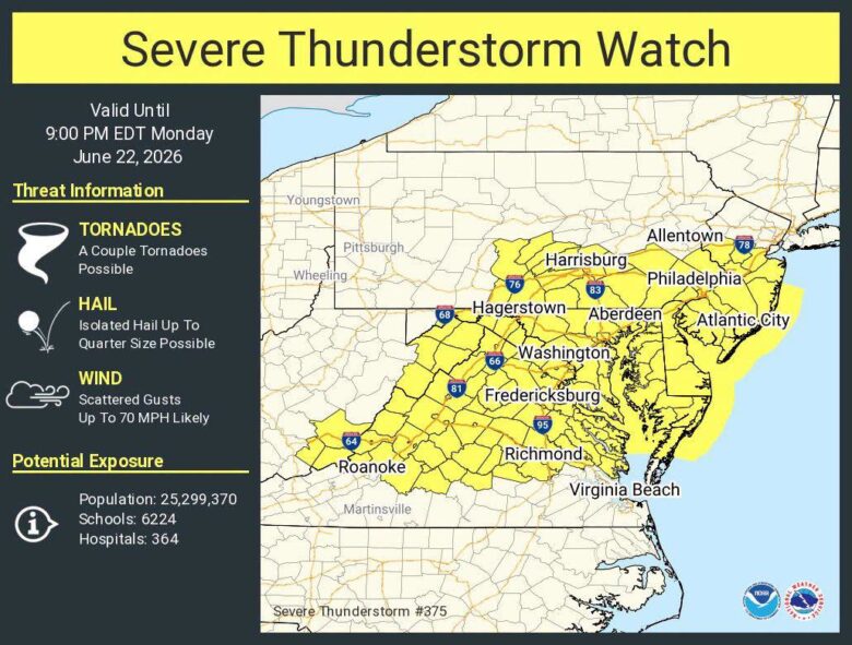 Severe thunderstorm watch weather map highlighting a yellow warning area across the mid-Atlantic.