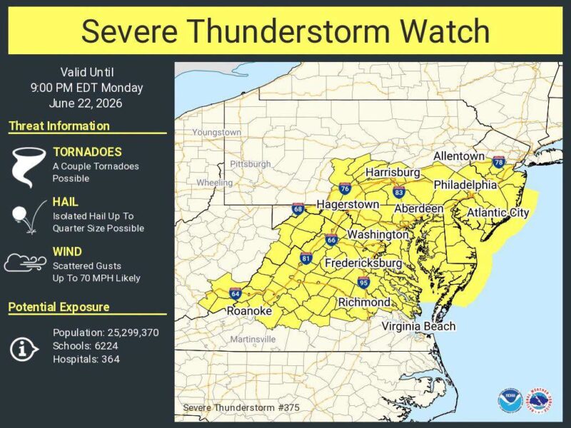 Severe thunderstorm watch weather map highlighting a yellow warning area across the mid-Atlantic.