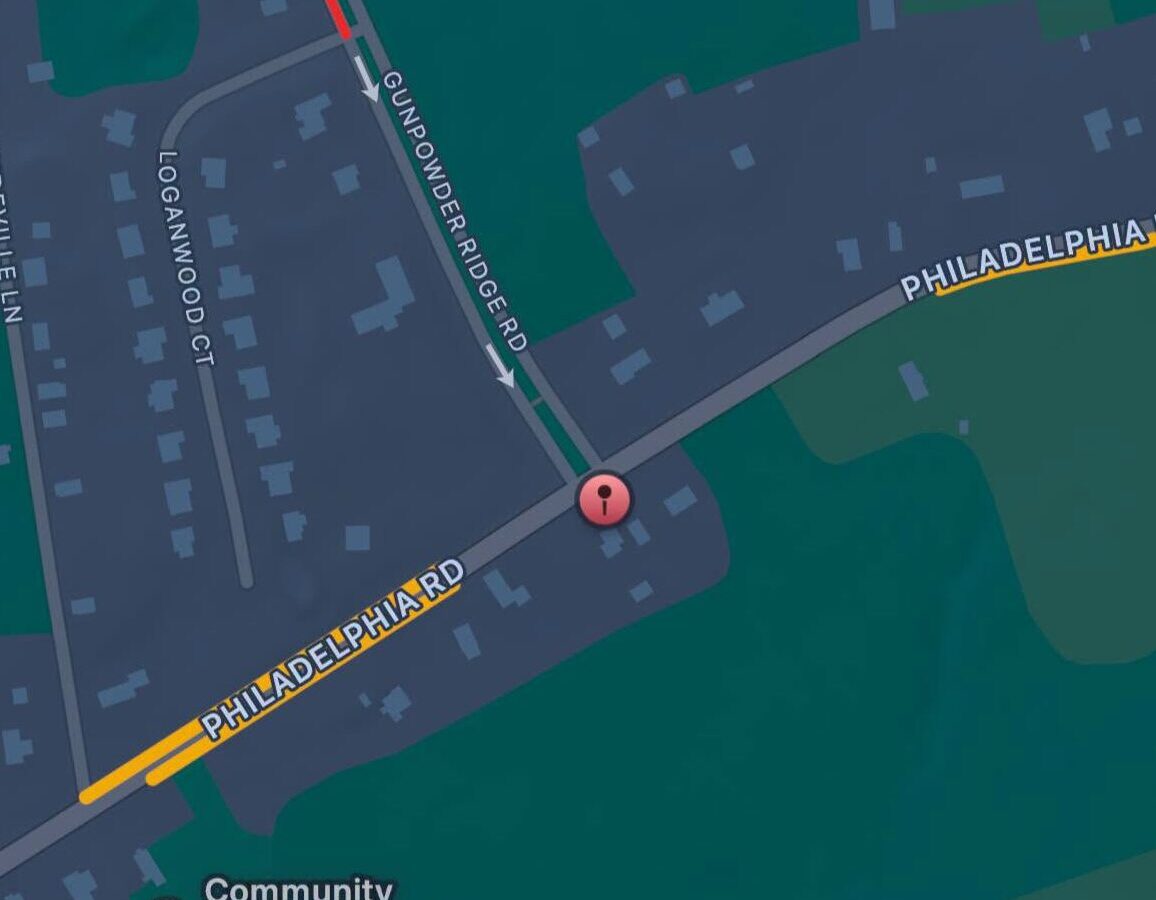 Map view showing Philadelphia Rd and Gunpowder Ridge Rd near Community Baptist Church Cemetery with a location pin.