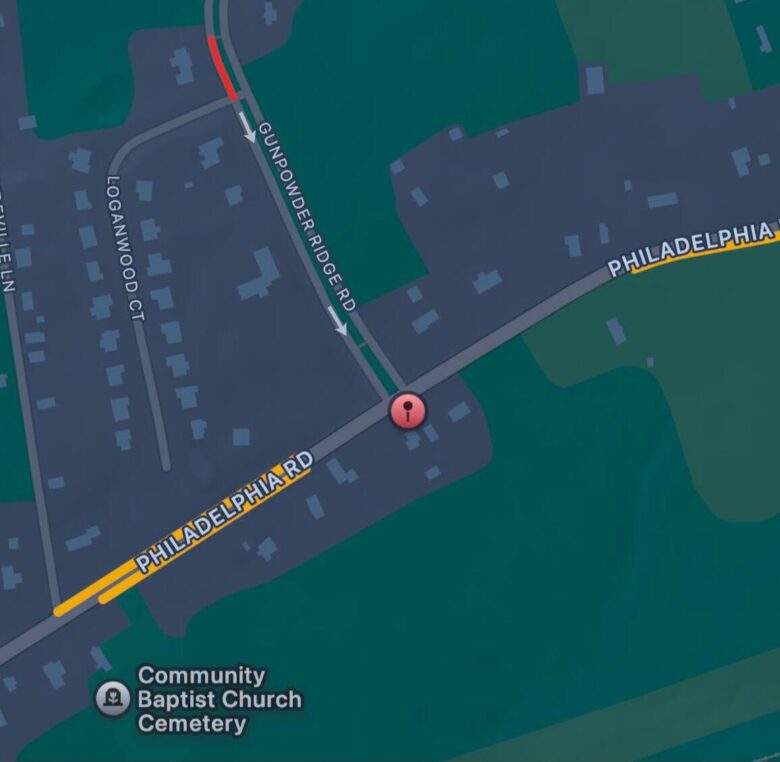 Map view showing Philadelphia Rd and Gunpowder Ridge Rd near Community Baptist Church Cemetery with a location pin.
