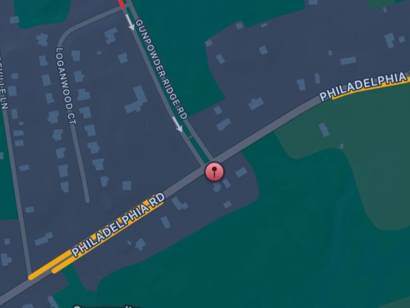 Map view showing Philadelphia Rd and Gunpowder Ridge Rd near Community Baptist Church Cemetery with a location pin.