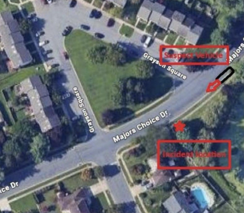 Aerial view of a suburban intersection annotated with red boxes, arrows, and labels.