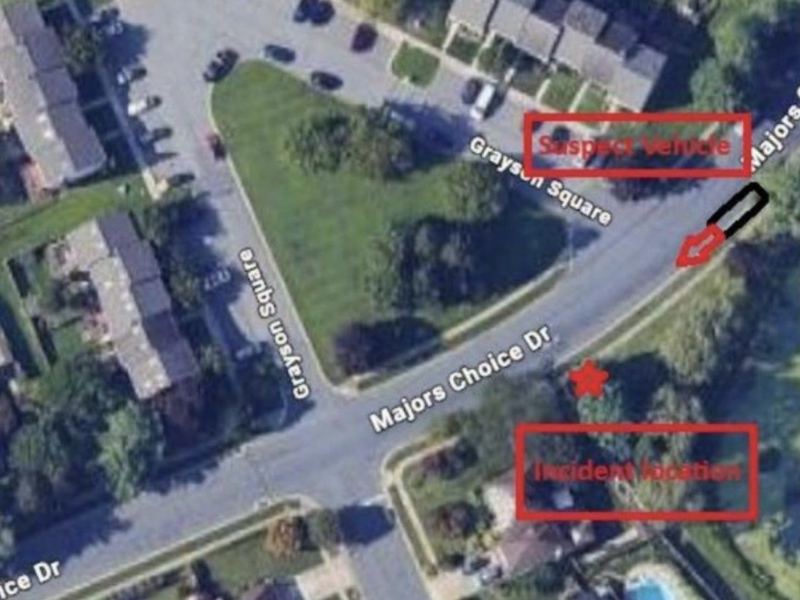 Aerial view of a suburban intersection annotated with red boxes, arrows, and labels.