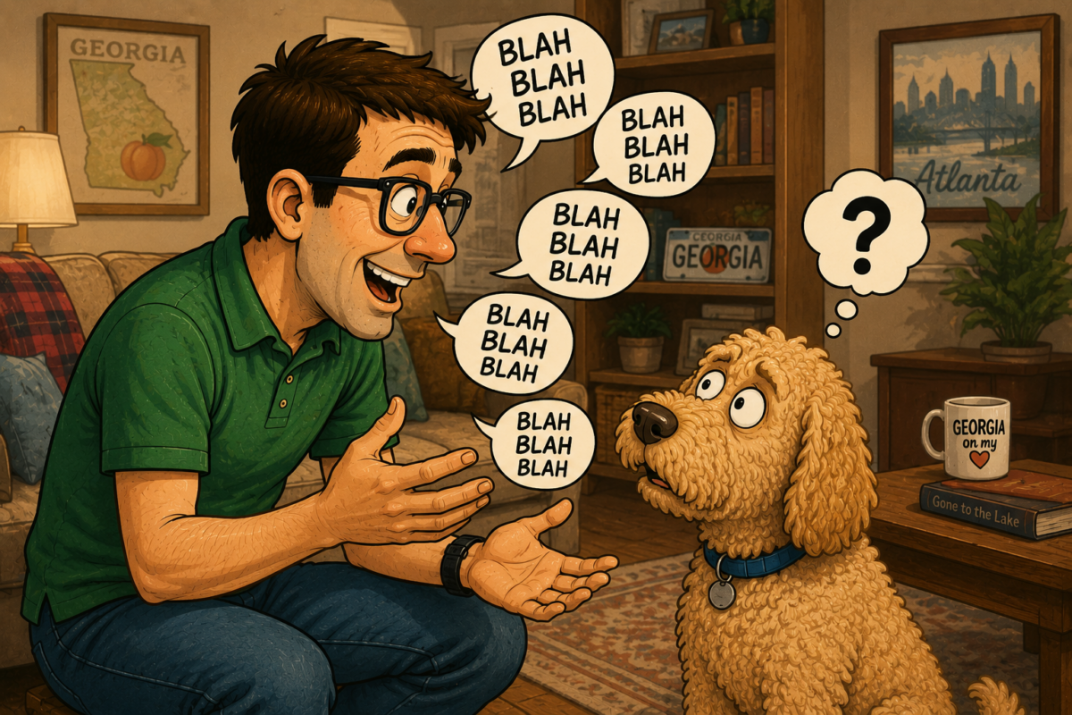 Man talks animatedly to a puzzled dog in a cozy living room with Georgia decor.