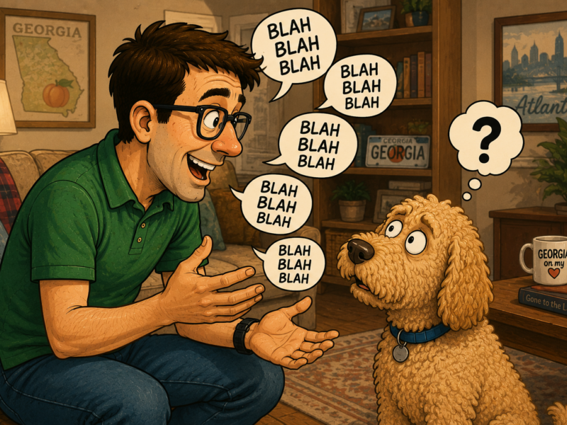 Man talks animatedly to a puzzled dog in a cozy living room with Georgia decor.
