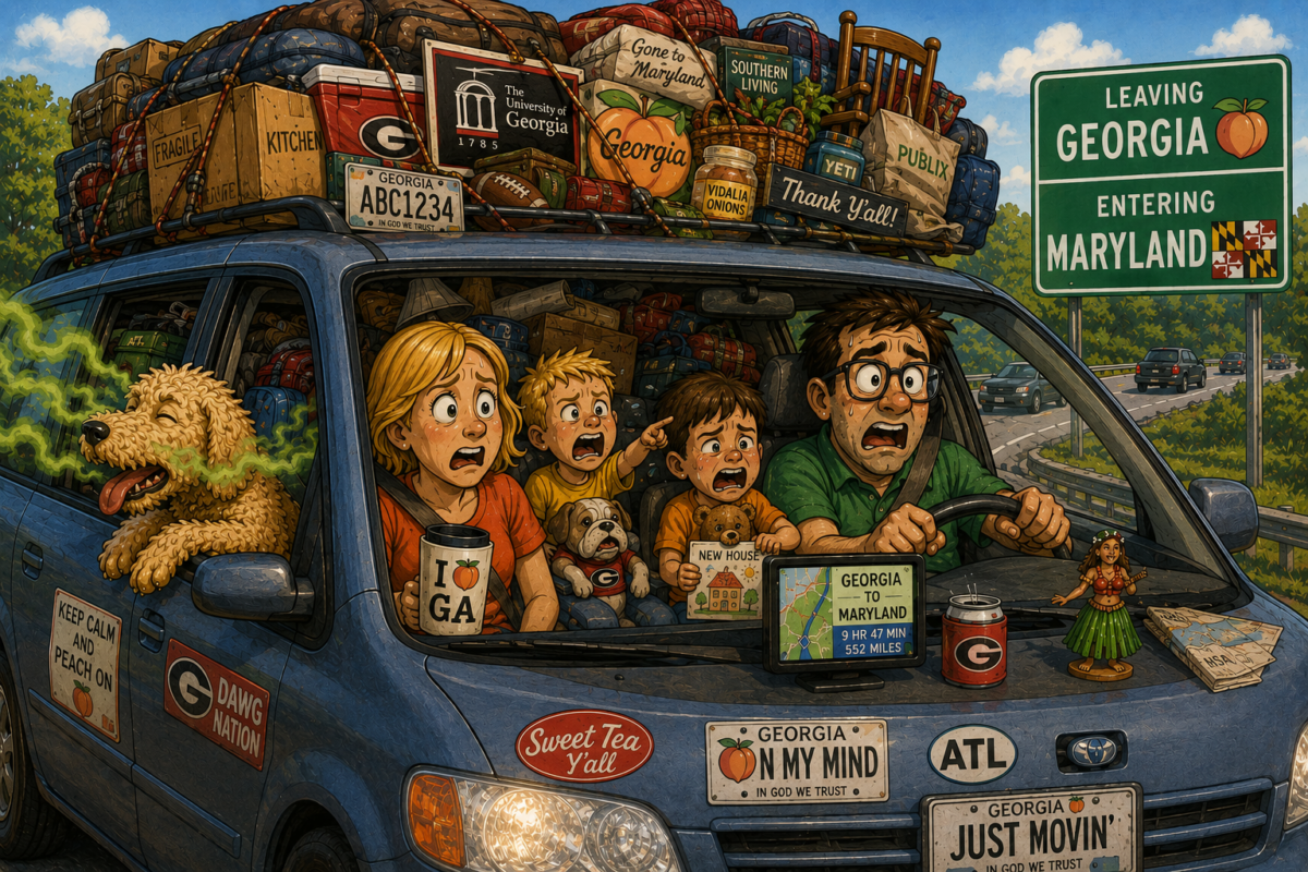 Packed blue car with a panicked family, dog, and luggage driving past a Georgia to Maryland highway sign.