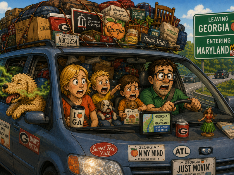 Packed blue car with a panicked family, dog, and luggage driving past a Georgia to Maryland highway sign.