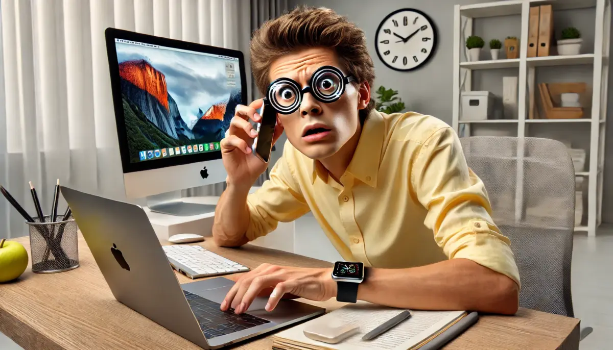 Man in glasses leans over a desk, looking surprised while holding binoculars in a bright home office.