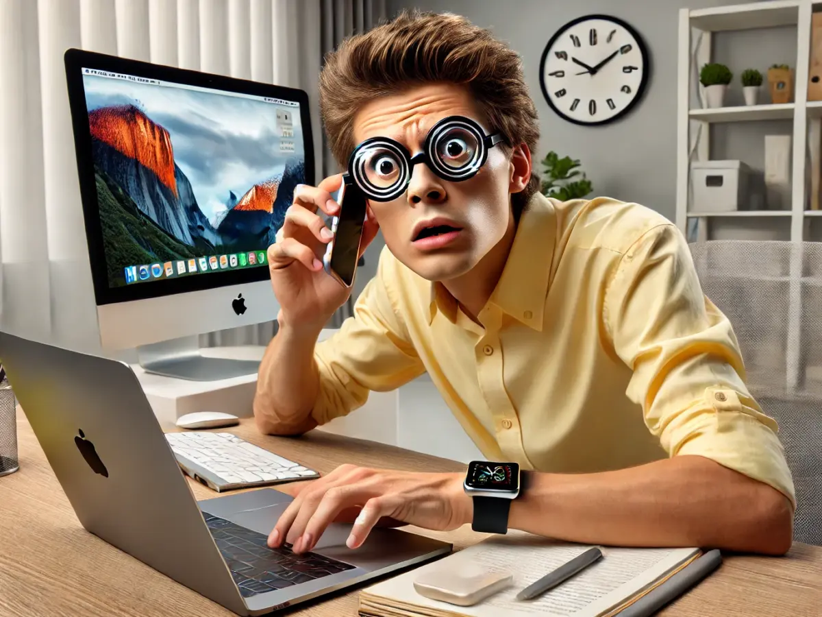 Man in glasses leans over a desk, looking surprised while holding binoculars in a bright home office.