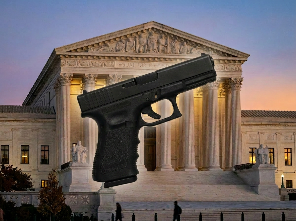 Black handgun over Supreme Court building facade with 'Equal Justice Under Law' inscription