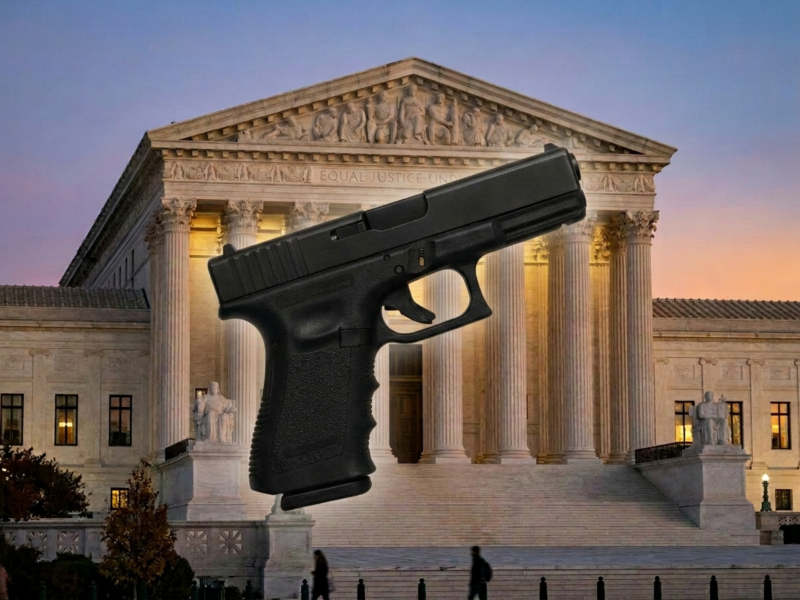 Black handgun over Supreme Court building facade with 'Equal Justice Under Law' inscription