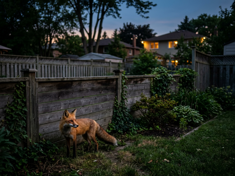 Fox standing beside a wooden garden fence with suburban houses in the background at dusk