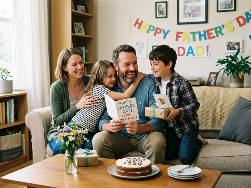 Father receiving Father's Day cards and gifts from his smiling family at home