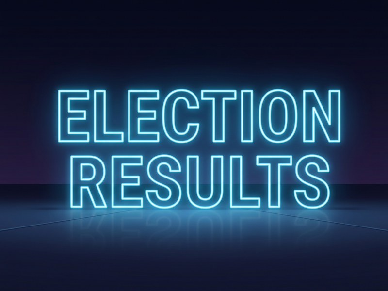 Election results with vote percentages for red and blue states and a map indicating final tallies