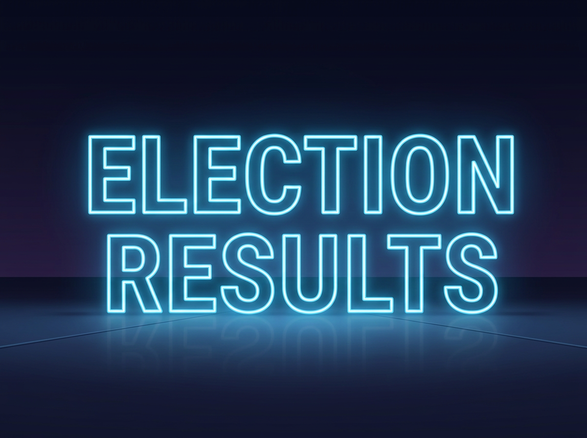 Election results with vote percentages for red and blue states and a map indicating final tallies
