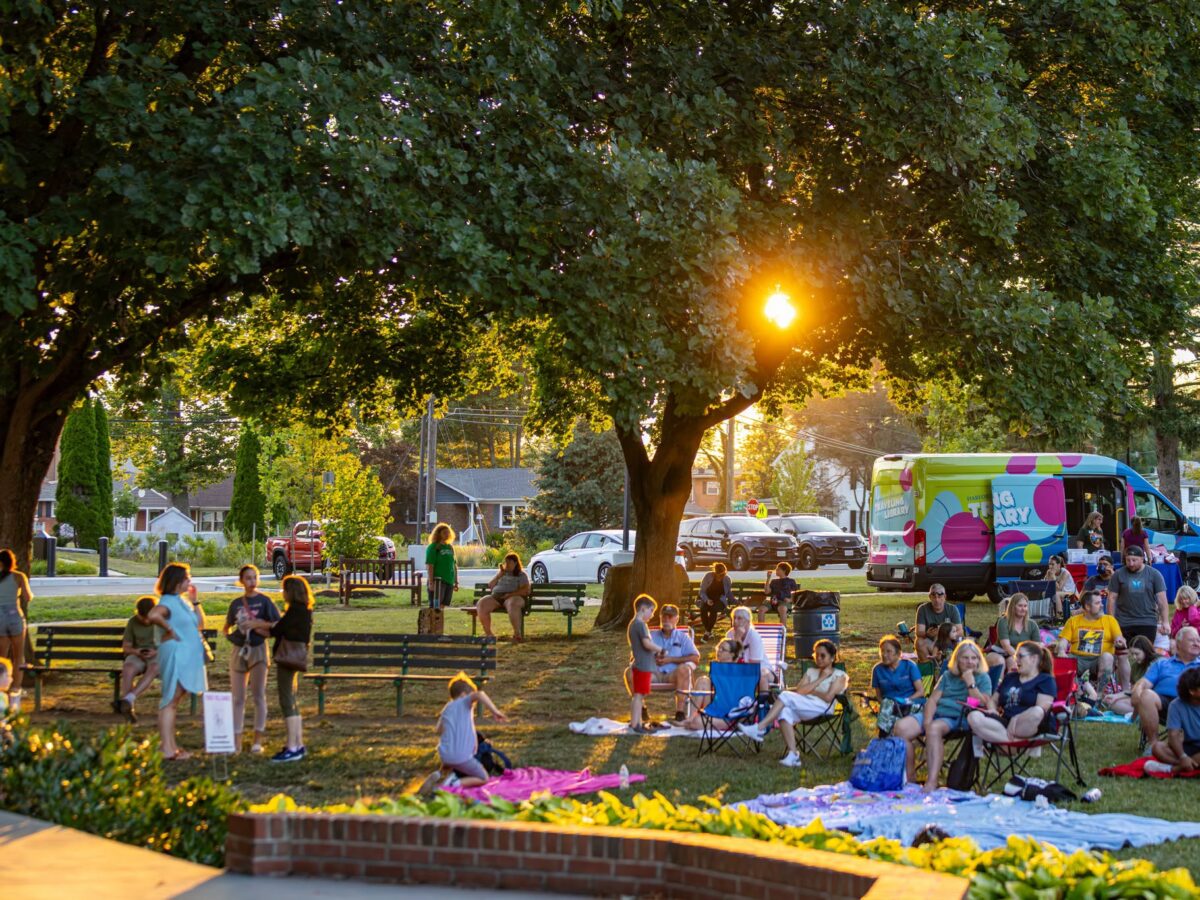 Crowd gathers on a grassy park lawn at sunset beside a colorful van and picnic blankets.