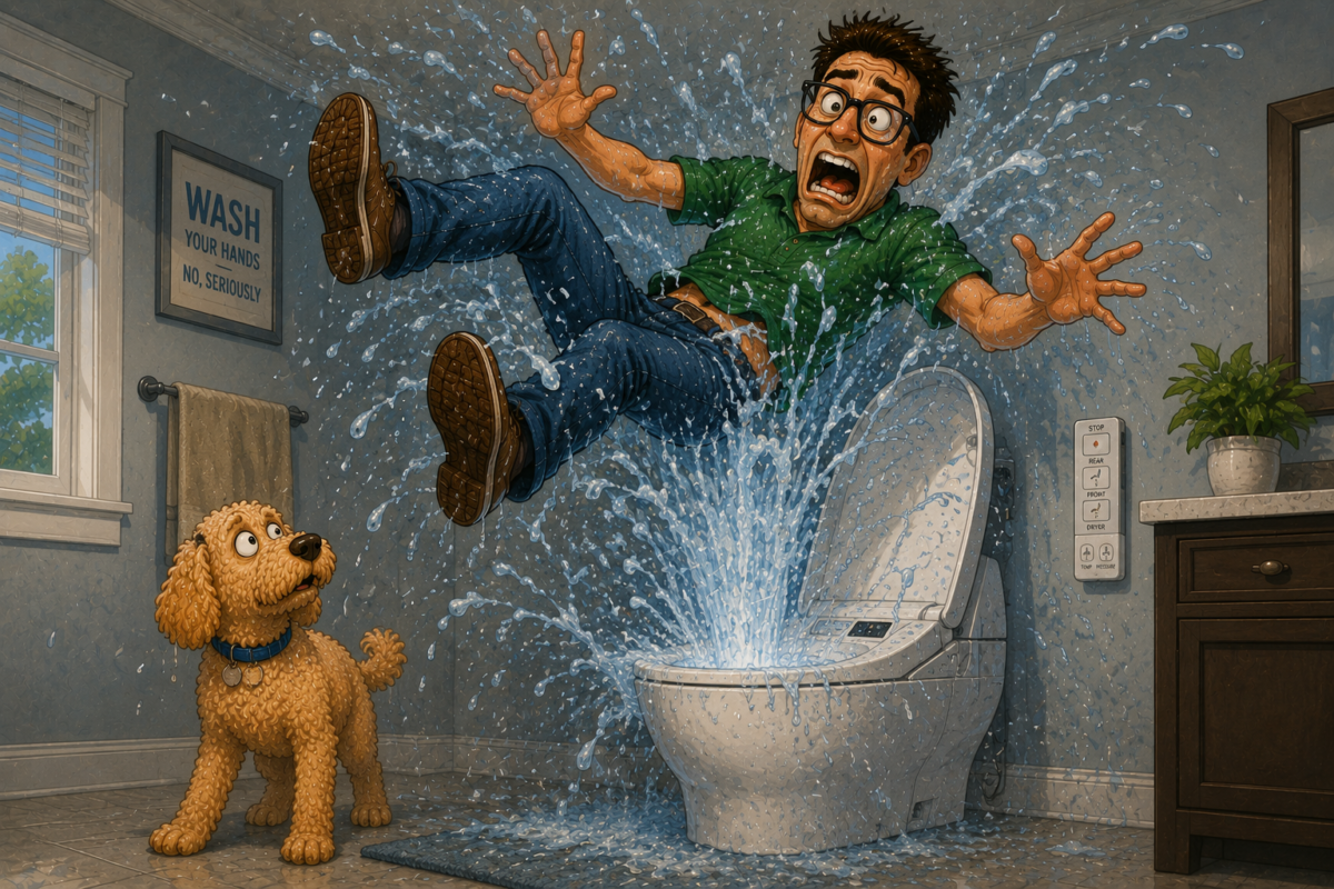 Man is thrown backward from a bursting washing machine while a dog watches in a laundry room.